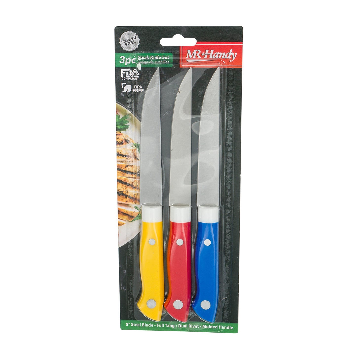 3pc Stainless Steel Steak Knife Set- 9"- 3 Asst.
