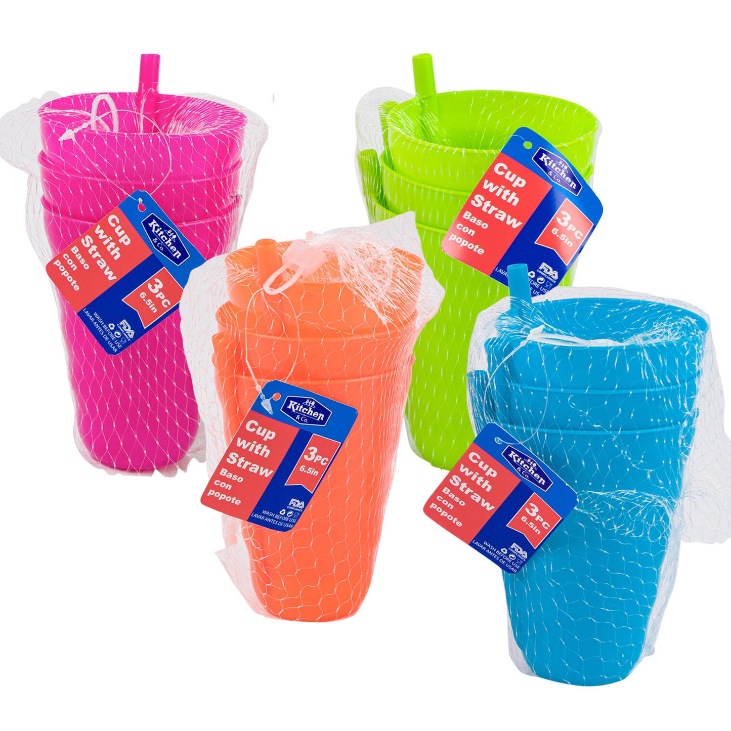 3pc Cup W/ Straw- 5.5"- 4 Assortments