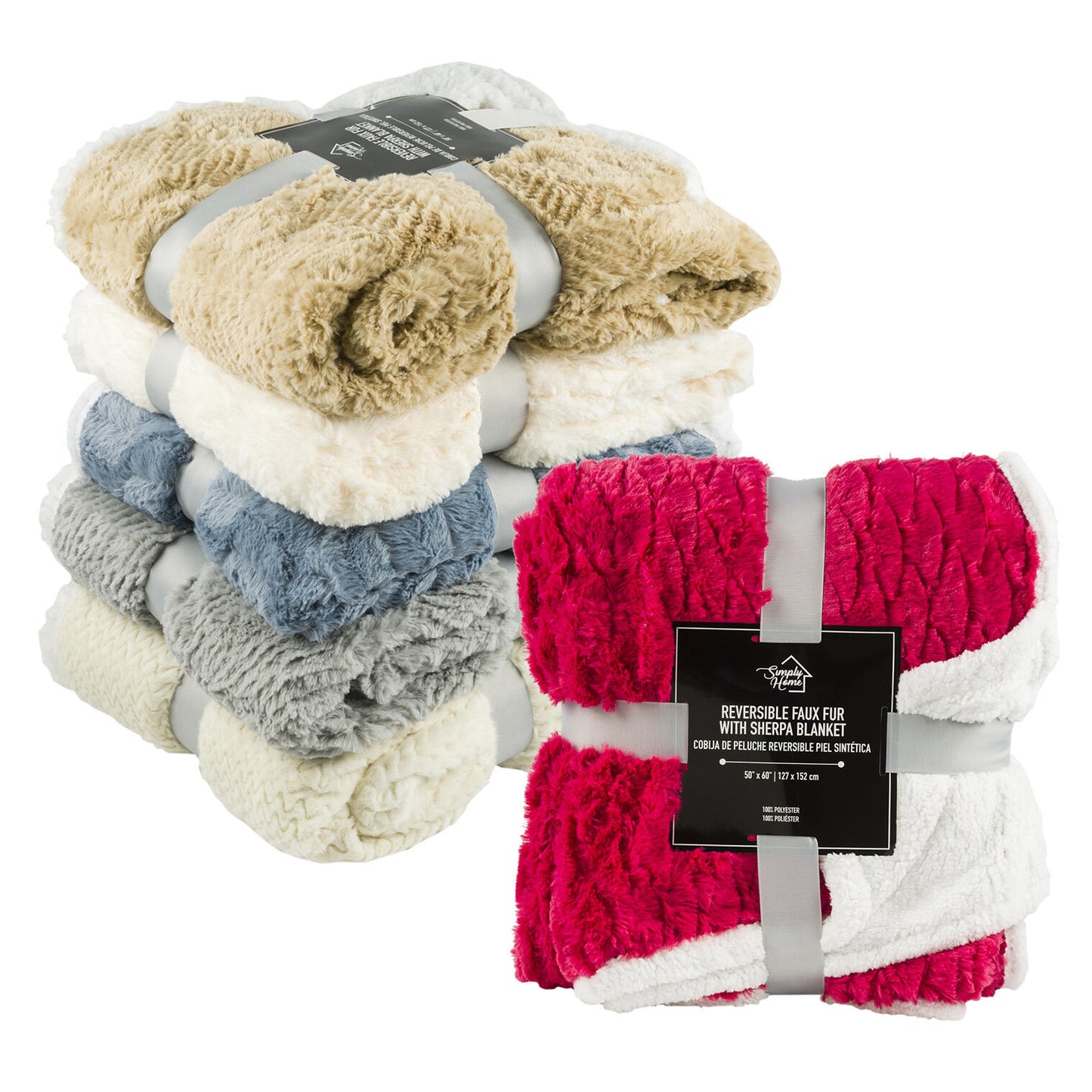 Reversible Faux Fur Throw- 50" x 60"- Assorted