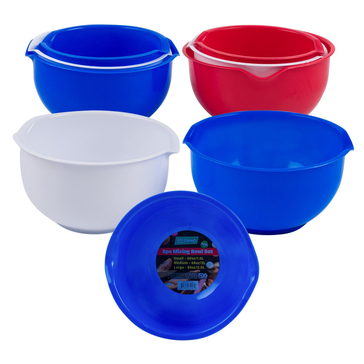 3pc Plastic Mixing Bowl Set- 2 Assortments