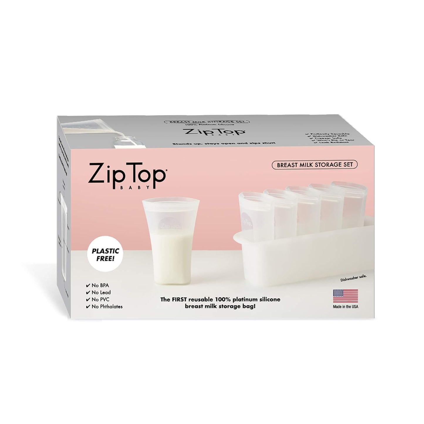 Zip Top Almacenamiento de leche materna de silicona 100% platino reutilizable, fabricado en los Estados Unidos, juego de 6 bolsas + bandeja para congelador