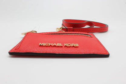 MICHAEL KORS  Women's Jet Set Travel Saffiano Leather Card Case Lanyard (Dark Sangria)