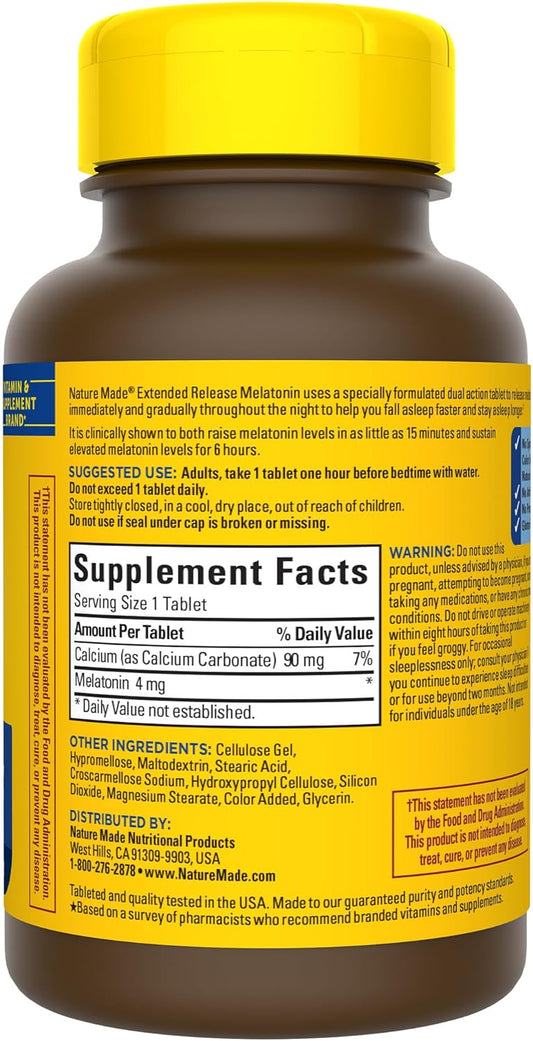 Nature Made Melatonin 4mg Extended Release Tablets, 100% Drug Free Sleep Aid for Adults, 90 Day Supply, 90 Count (Pack of 1)