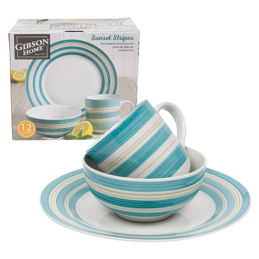 Gibson Home 12pc Sunset Stripes Dinnerware Set- Blue Stripes