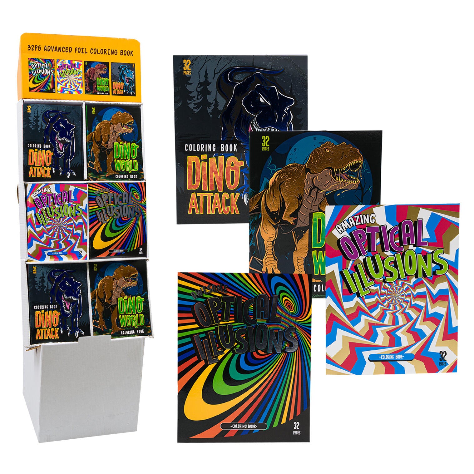 32pg Dinosaurs and Optical Illusions Coloring Book- Assorted